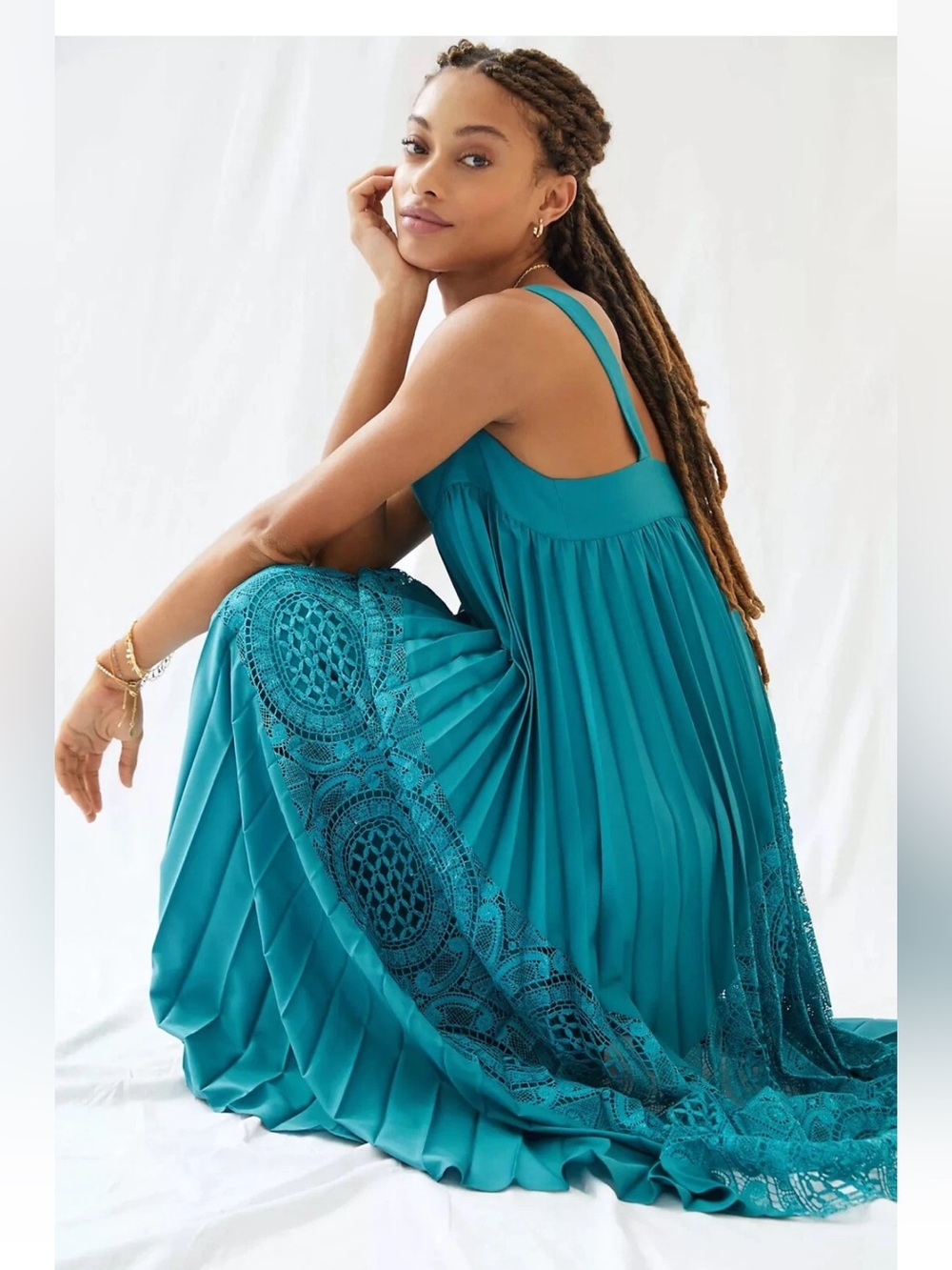 Anthropologie Geisha Designs Pleated Lace Maxi Dress size Small MSRP: $298